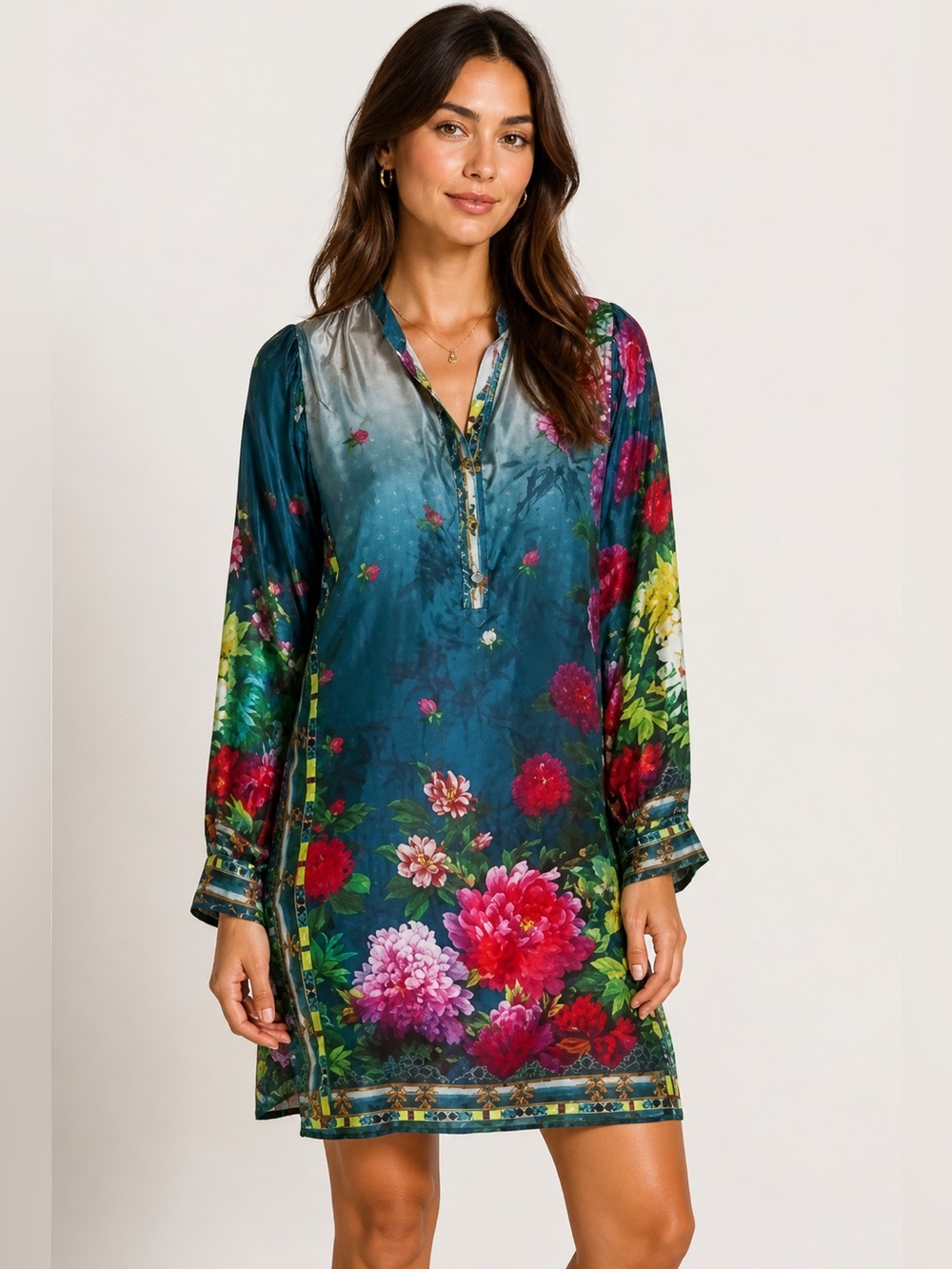 Johnny Was Heaven Long Floral Print Silk Tunic